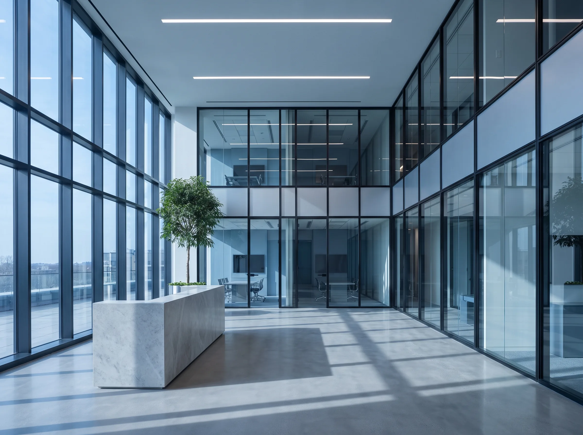 Double-height office lobby with a stone reception desk and glass meeting rooms in morning light