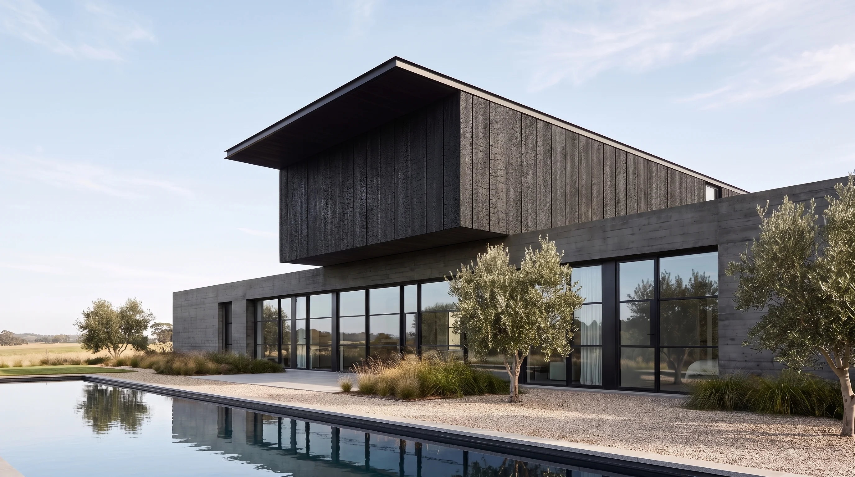 The house as a photoreal render in charred timber