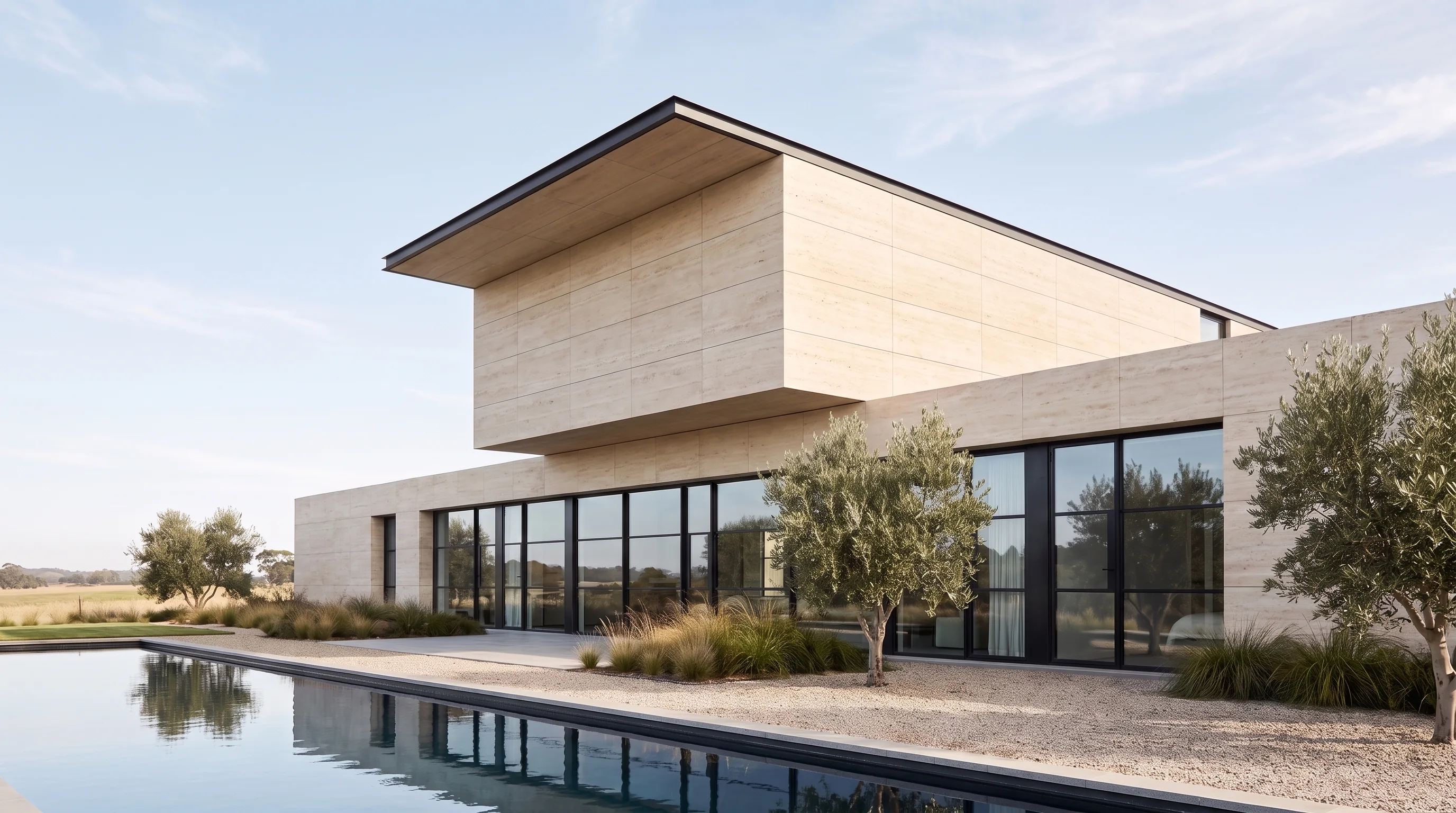 The house as a photoreal render in travertine